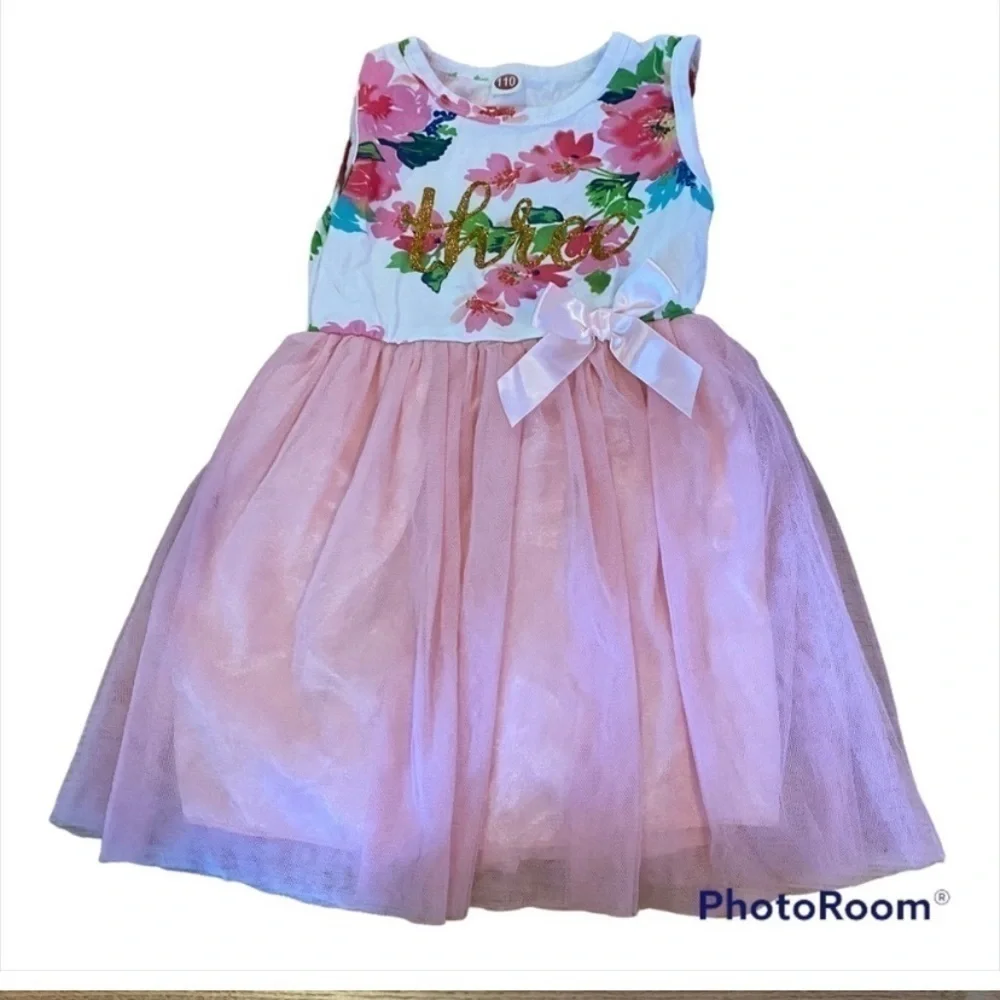 Girls Three 3rd Birthday Floral Dress Sz 3 Tulle Sleeveless White Pink Glitter